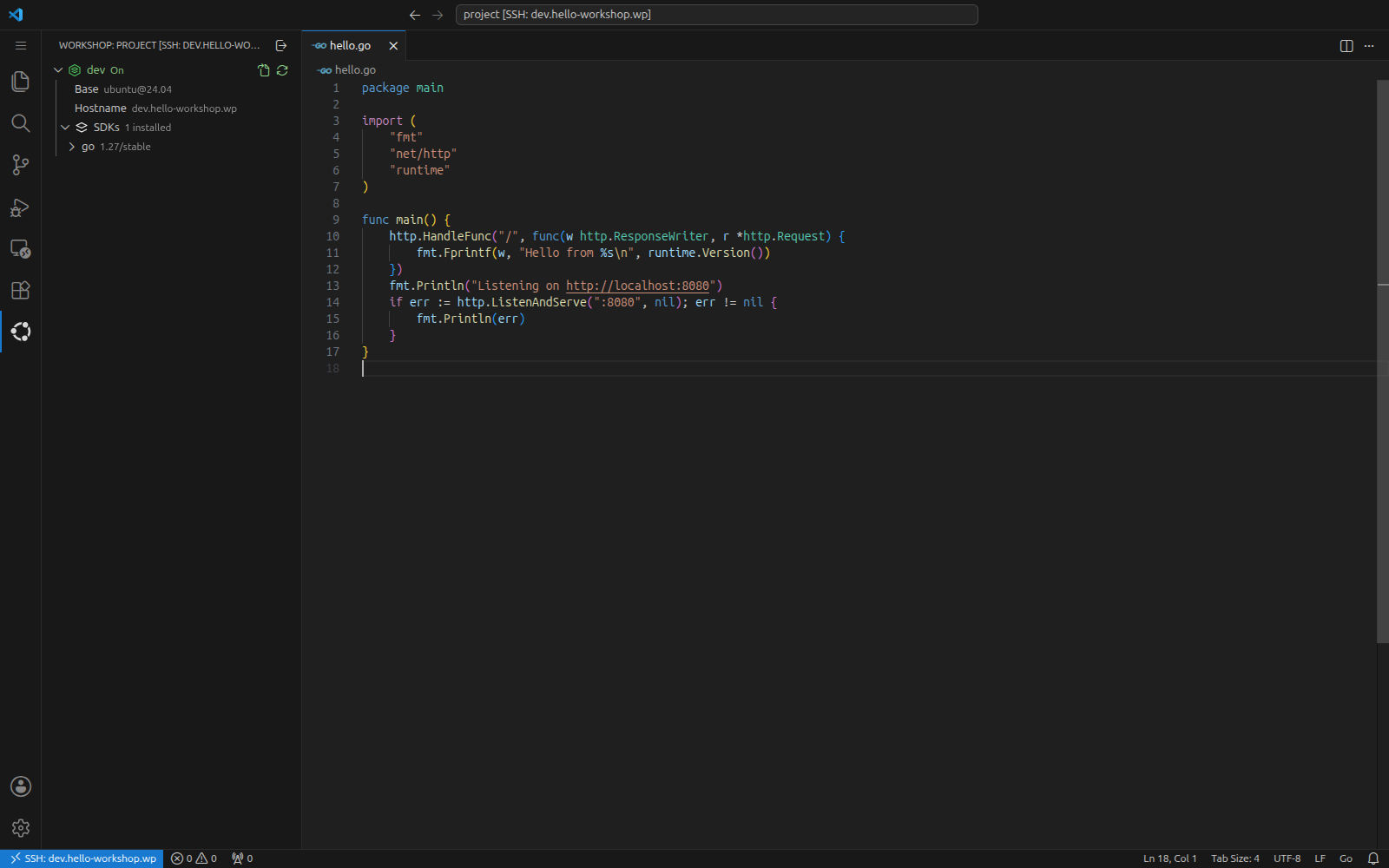 VS Code window connected to the dev workshop, with the Workshops side bar expanded and the remote indicator reading SSH: dev.hello-workshop.wp
