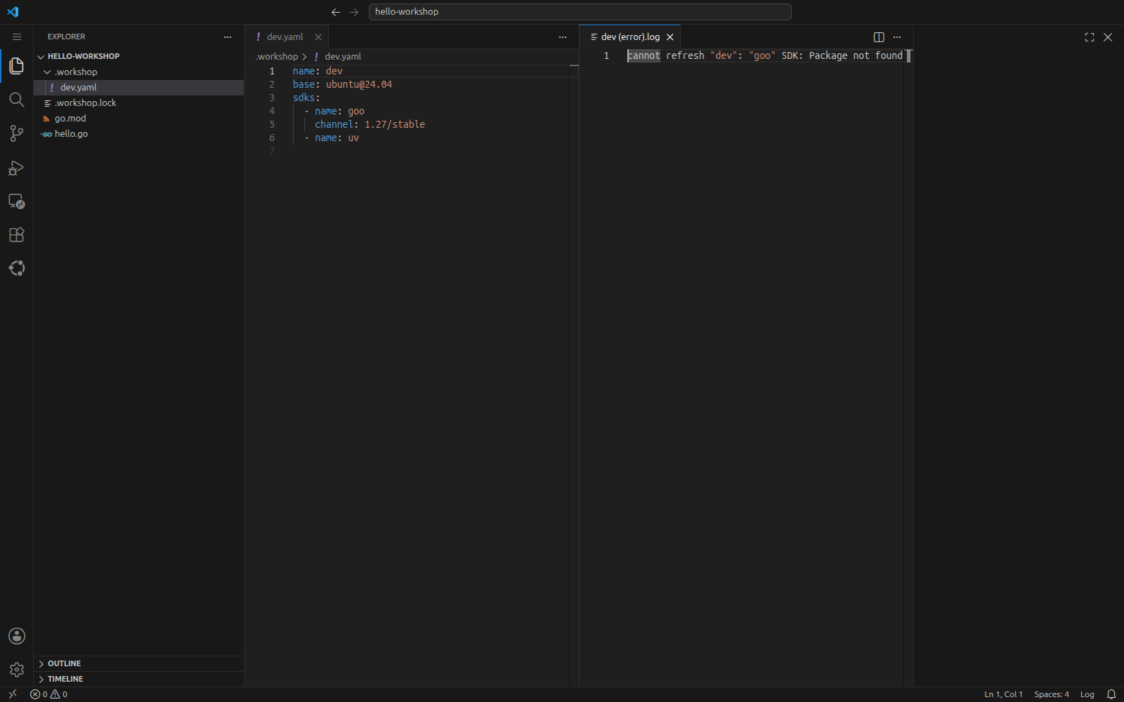 VS Code showing .workshop/dev.yaml on the left and the dev (error) log on the right, reporting that the SDK is unknown